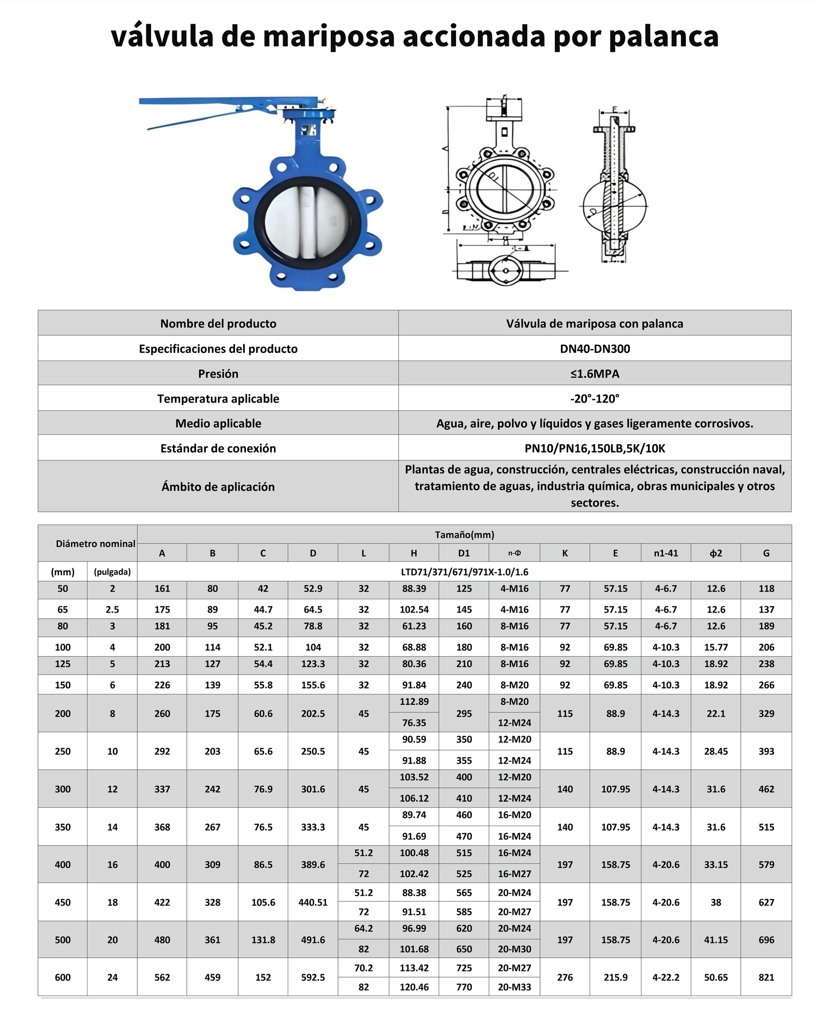 Lever-Operated Butterfly Valve technical drawing from the supplied catalog