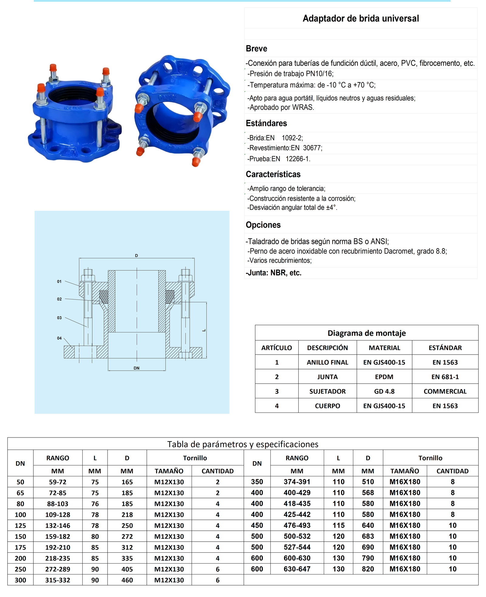 Universal Flange Adaptor technical drawing from the supplied catalog